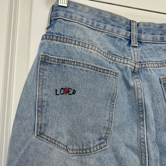 Nasty Gal Mom Jeans Blue Denim Lover No Entry Embroidered Women's Size 14 - Picture 3 of 12